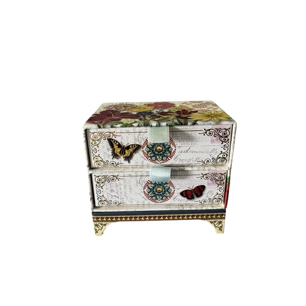 Punch Studio Floral Butterfly 2 Drawer Keepsake Jewelry Box Trinket Chest Vanity